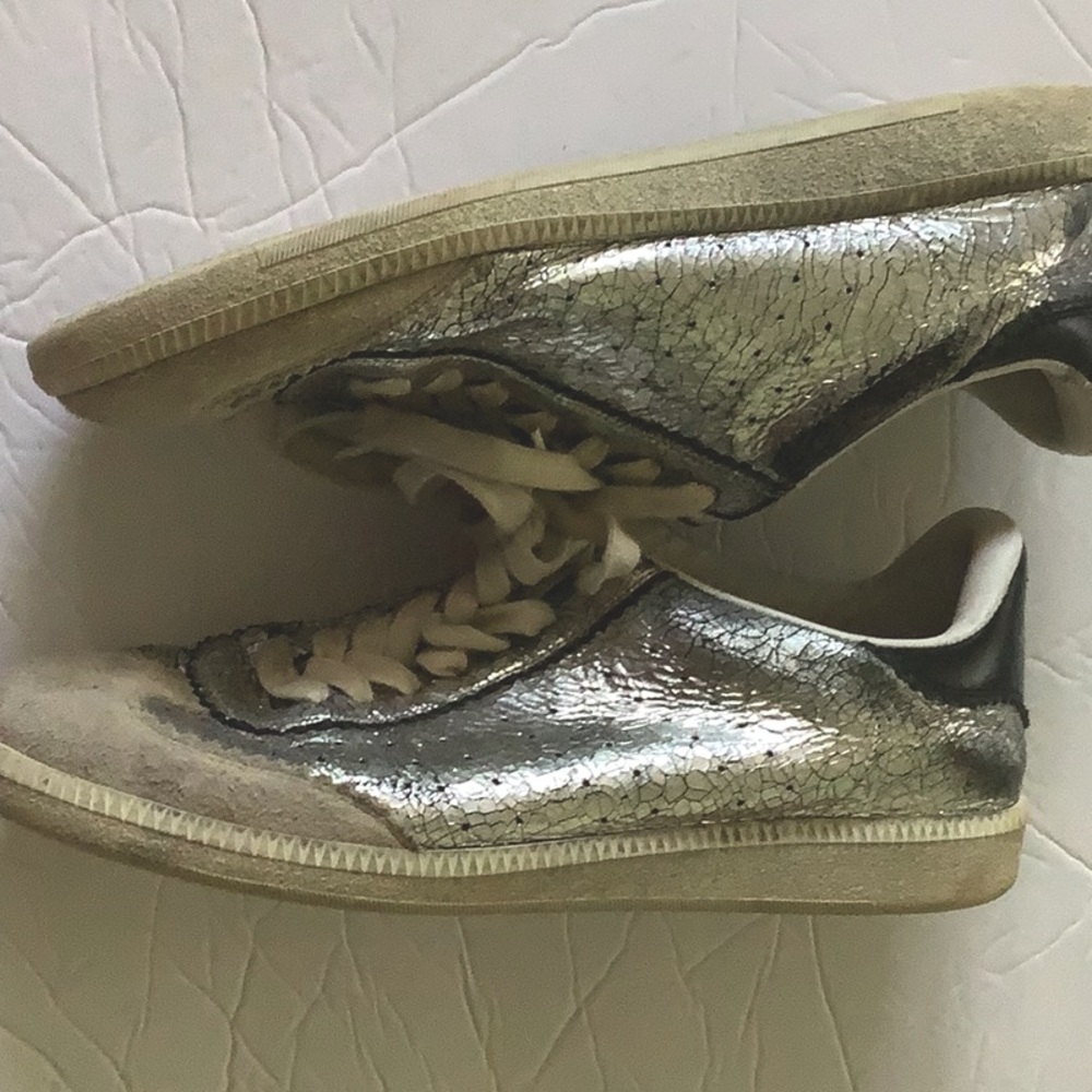 Isabel Marant Bryce Distressed Leather Tennis Shoes Sneakers Metallic Silver